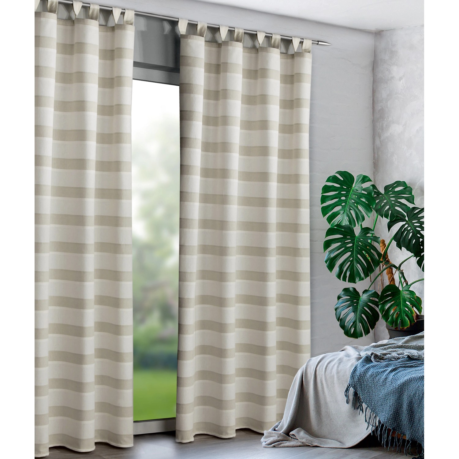 Creme Schlaufenschal Uwe mit Streifenmuster, 245x135 cm, Fenstervorhang für Wohnraum.