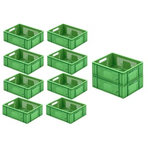 Sparset: 10 grüne Eurobehälter, ideal als Obst- und Gemüsekisten, 13 Liter, stapelbar.
