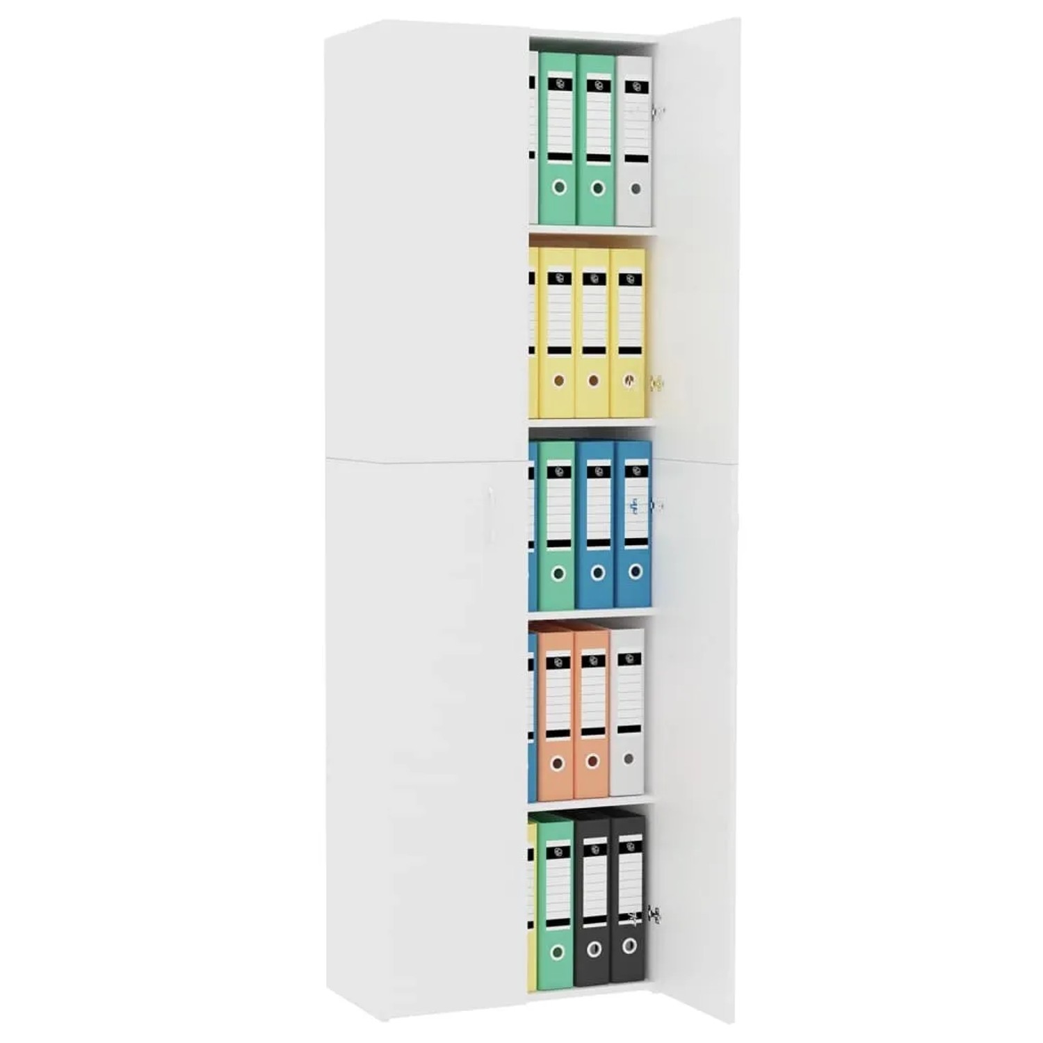 Weißer vidaXL TV-Schrank/Büroschrank (60x32x190 cm) mit offenen Fächern und Ordnern.