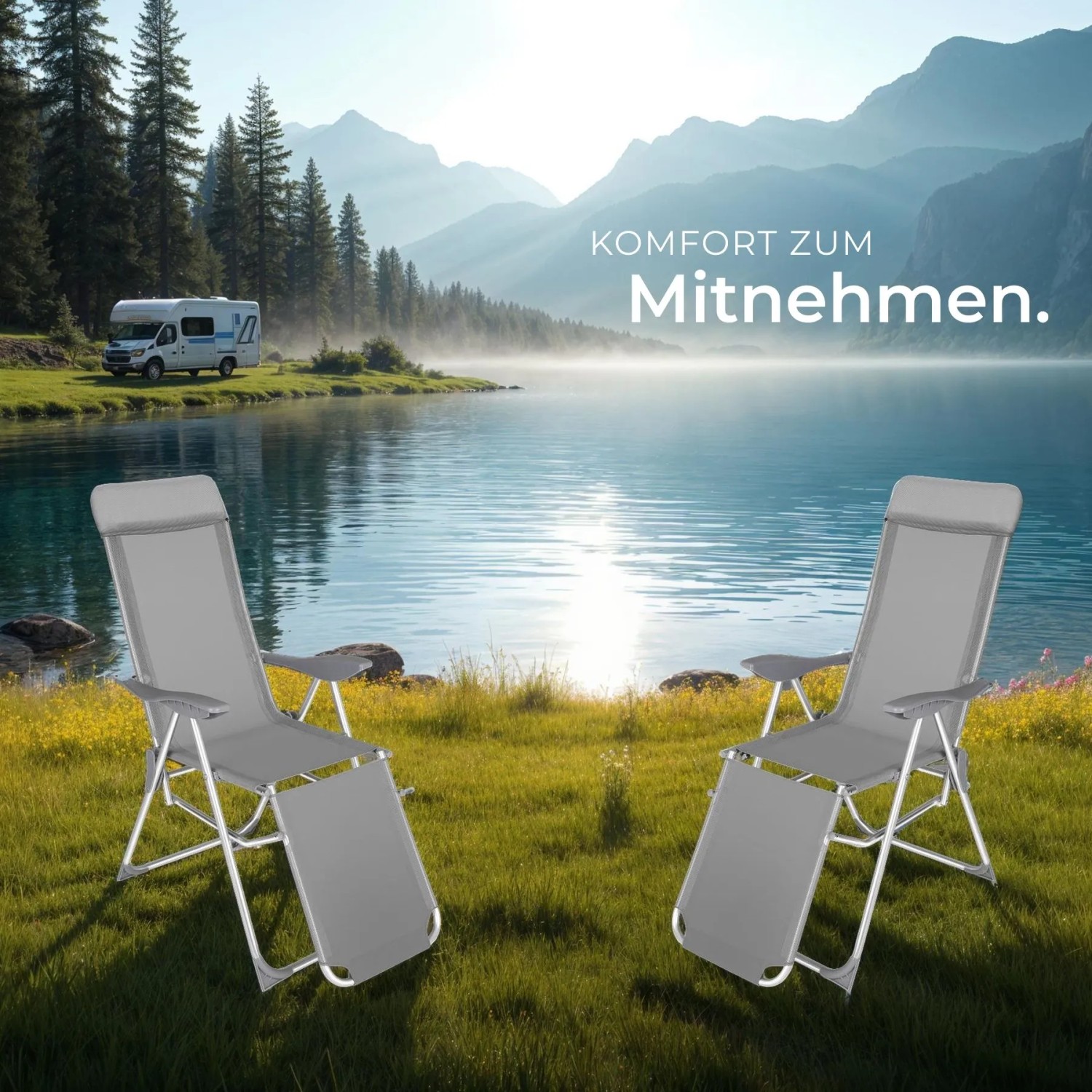 Zwei graue Tectake Aluminium Klapp-Gartenstühle mit verstellbarer Lehne am Seeufer. Ideal für Camping & Garten.