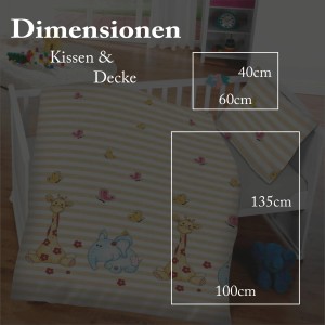 Bestlivings Kinderbettwäsche mit Elefant und Giraffe, 100x135 cm & 40x60 cm, im Babybett.