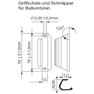 Technische Zeichnung: Quadroform Griffschale und Schnäpper in Weiß mit Maßangaben für Fensterzubehör.