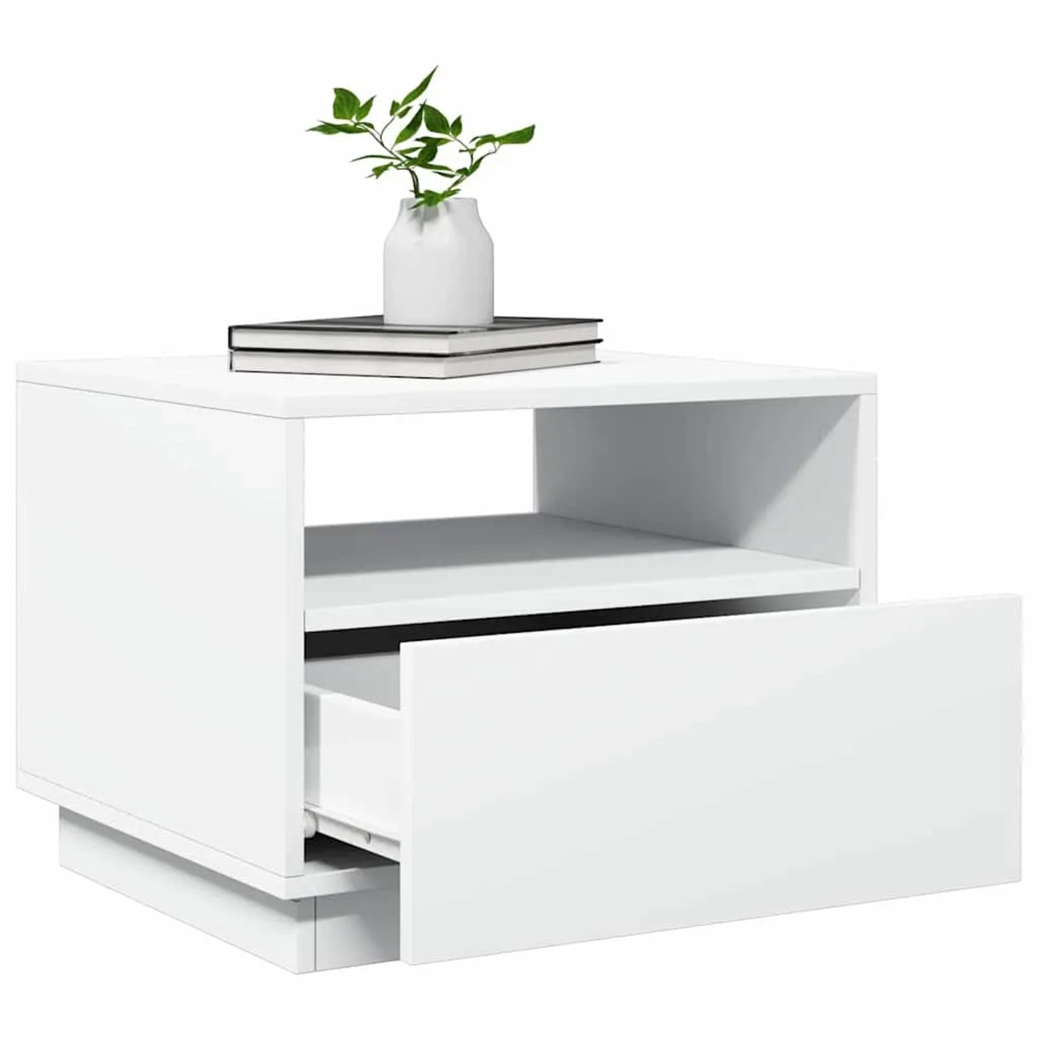 Weißer Couchtisch mit LED, Schublade, Ablage und Deko.