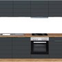 Moderne Küchenzeile, 240 cm, matt grau mit Wotaneiche-Arbeitsplatte, inklusive E-Geräte.
