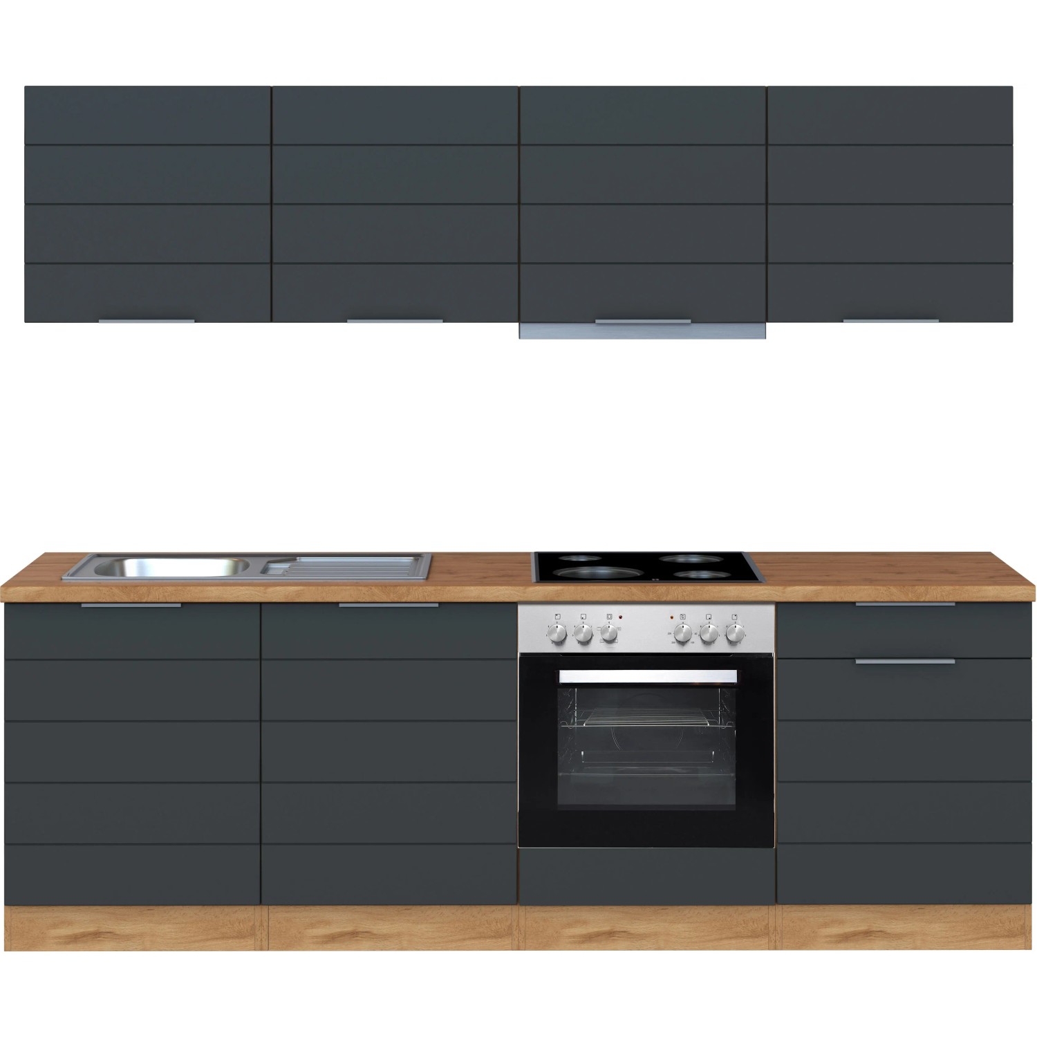 Moderne Küchenzeile, 240 cm, matt grau mit Wotaneiche-Arbeitsplatte, inklusive E-Geräte.