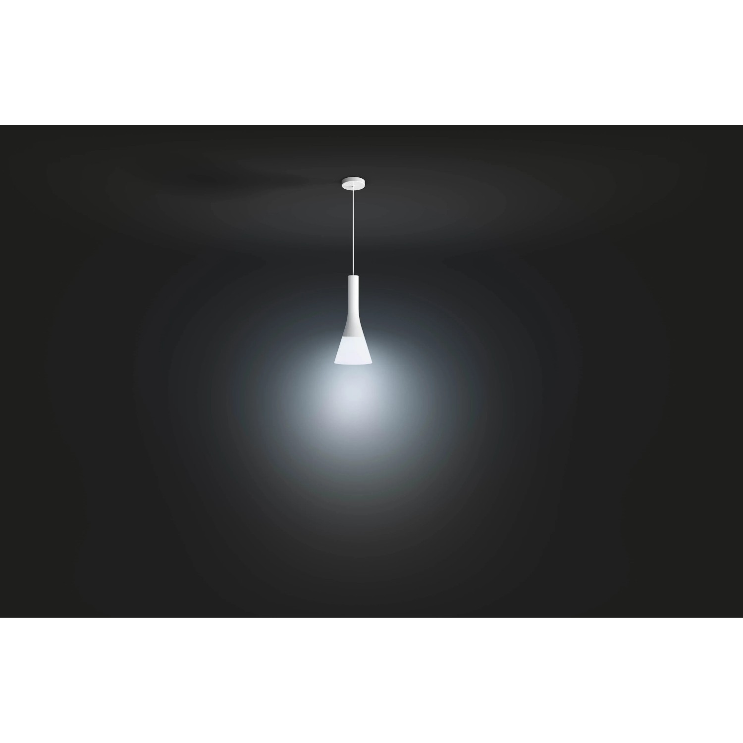Weiße Philips Hue Explore Pendelleuchte mit Dimmer, warmweiß bis kaltweiß.