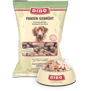Dibo Hunde-Barf Pansen Gebrüht 2kg: Packung und Schale mit Frostfutter für Hunde.