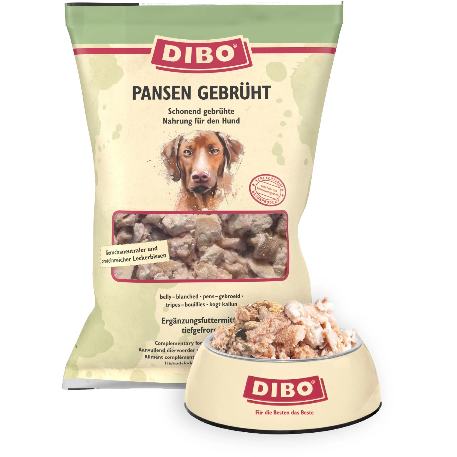 Dibo Hunde-Barf Pansen Gebrüht 2kg: Packung und Schale mit Frostfutter für Hunde.