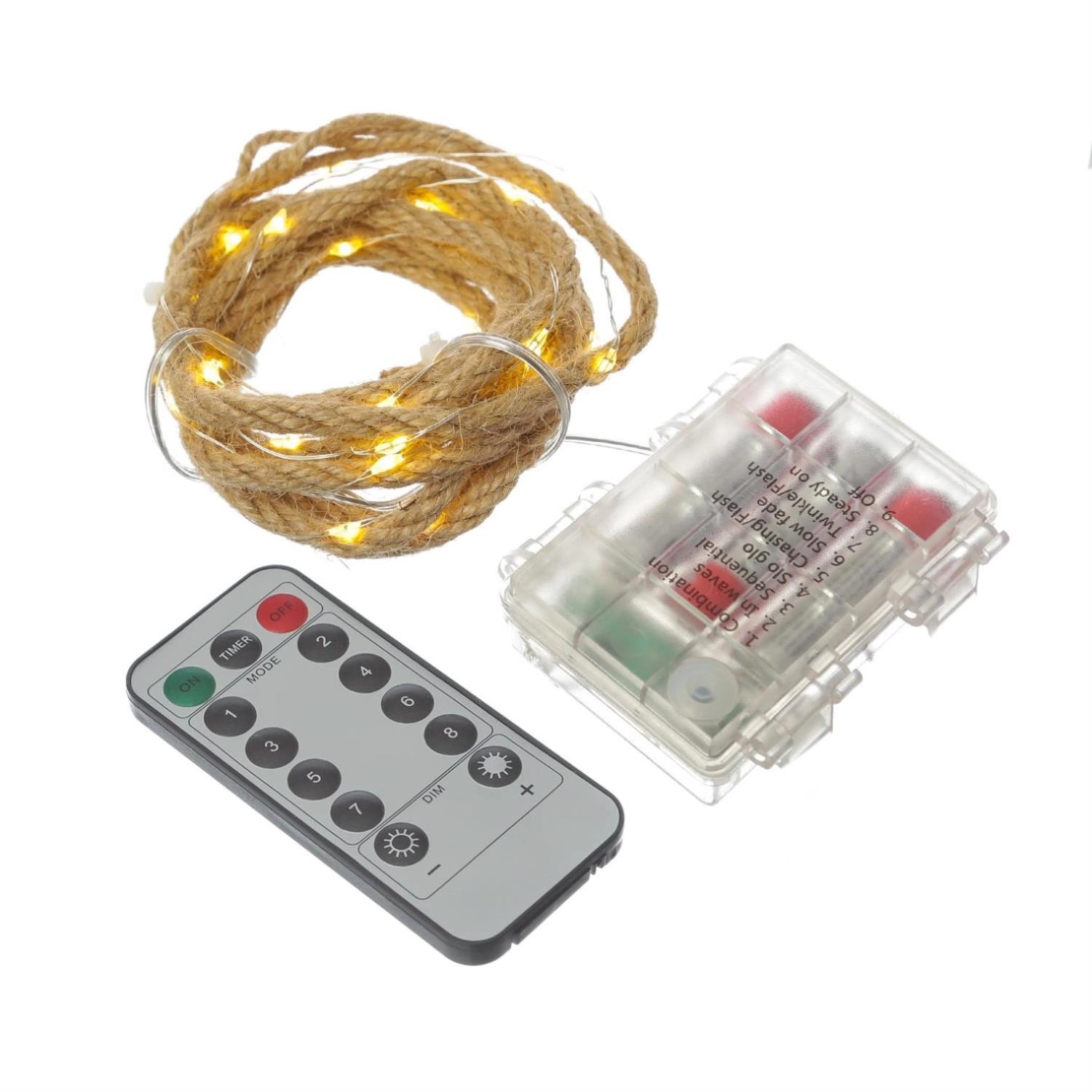 Marelida LED Lichterkette Seil Deko Jute Tau Kordel 2m Timer 8 Funktionen Für Innen Außen