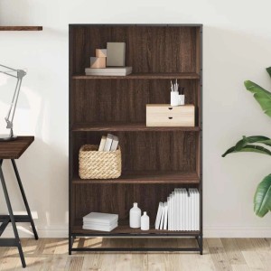 Modernes Bücherregal in Braun Eichen-Optik mit schwarzem Metallrahmen und 4 offenen Fächern für Bücher und Deko.