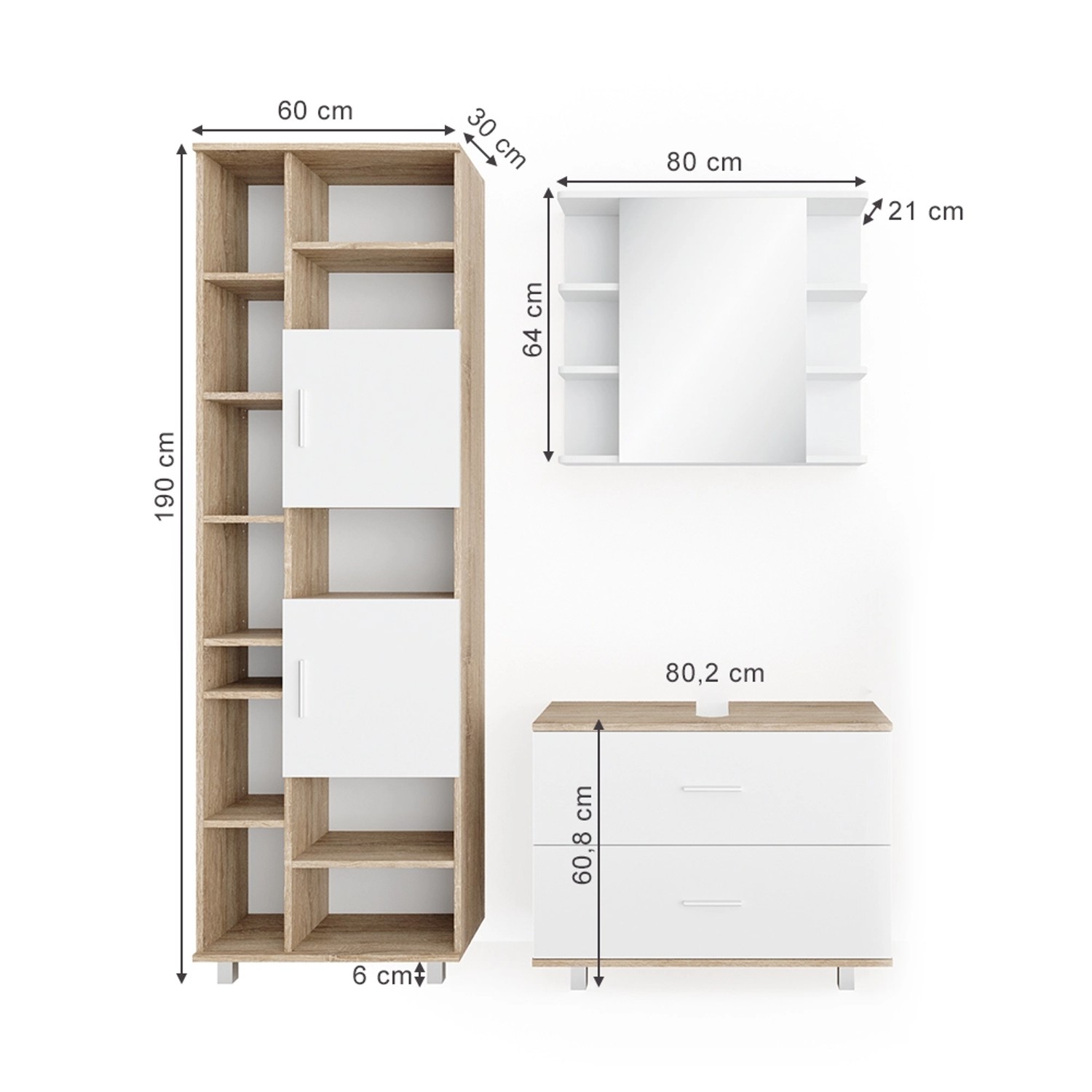 Vicco Badmöbel-Set Ilias, 3-teilig, Sonoma/Weiß: Spiegelschrank, Unterschrank, Hochschrank.