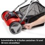 Einhell Akku-Spindelmäher: Detailaufnahme der Schnitthöhenverstellung am roten Rasenmäher.