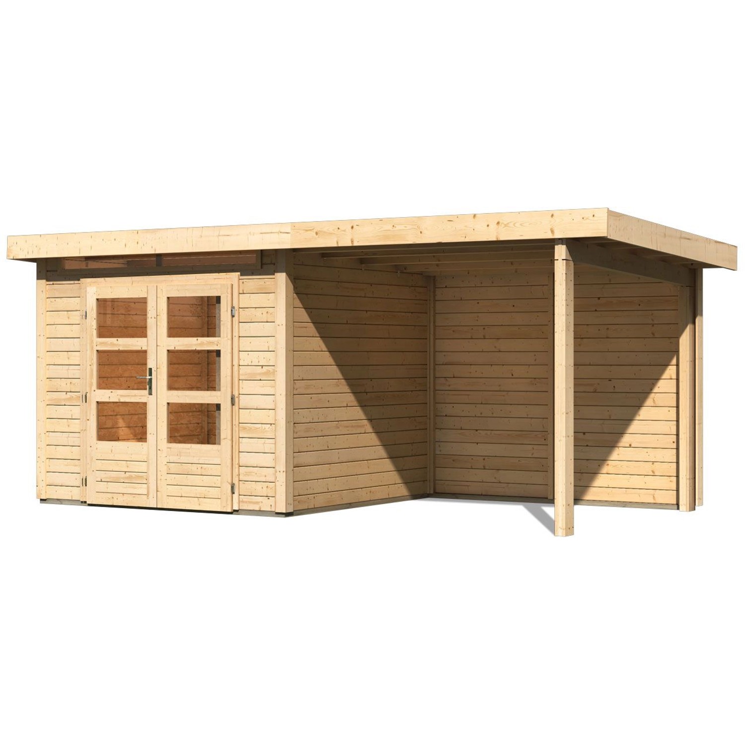 Karibu Holz-Gartenhaus Kumla 3 mit Pultdach, unbehandelt, 240x240 cm. Inklusive Anbau und Doppeltür.