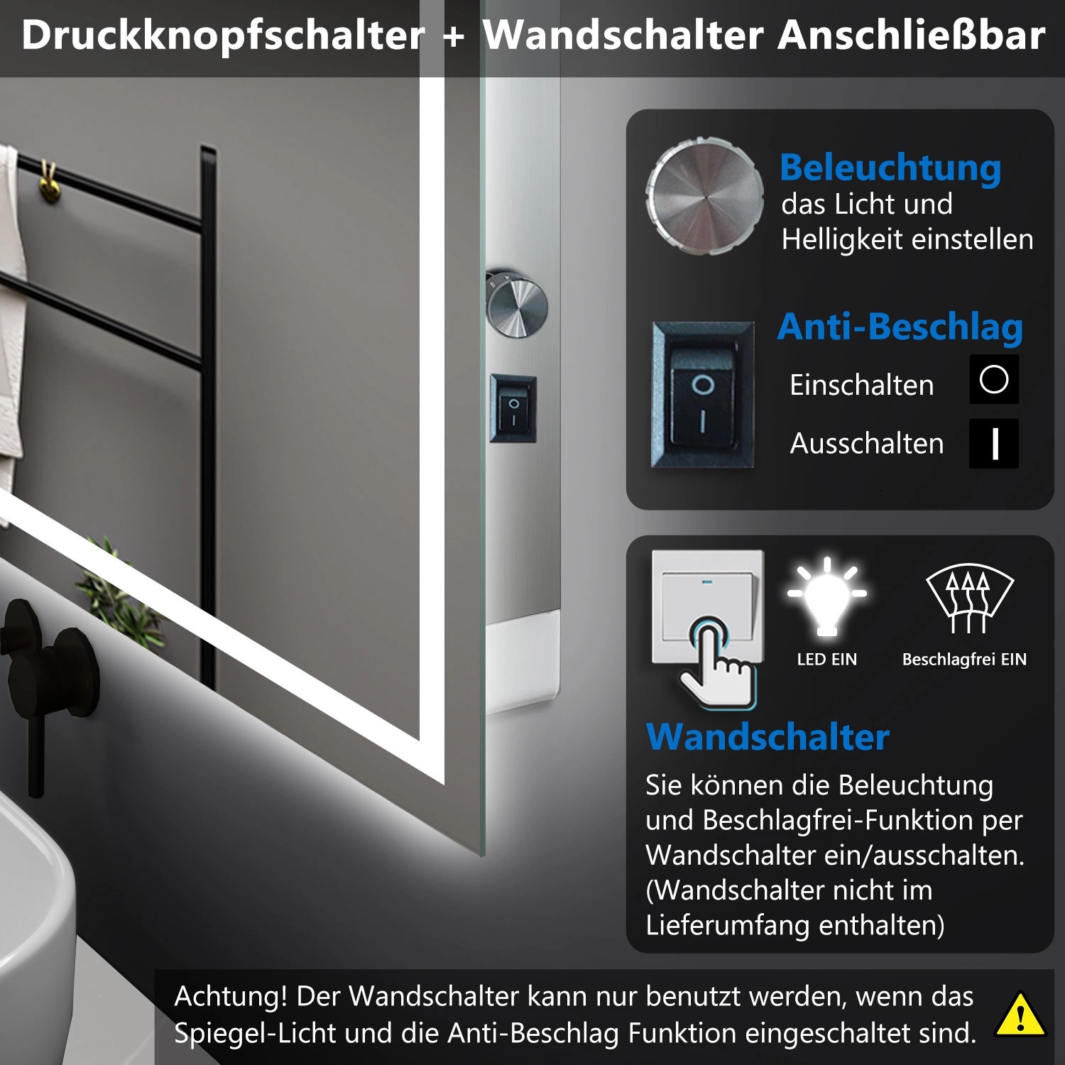 Aica Sanitär Badspiegel 120x70 cm Spiegel mit LED Beleuchtung Dreh-Knopf-Wandschalter Drei Lichtfarbe Dimm Memory Neutral-Warm-Kaltweiß Beschlagfrei_4