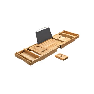 Verstellbare Songmics Badewannenablage aus Holz mit Getränkehalter, Naturfarben.