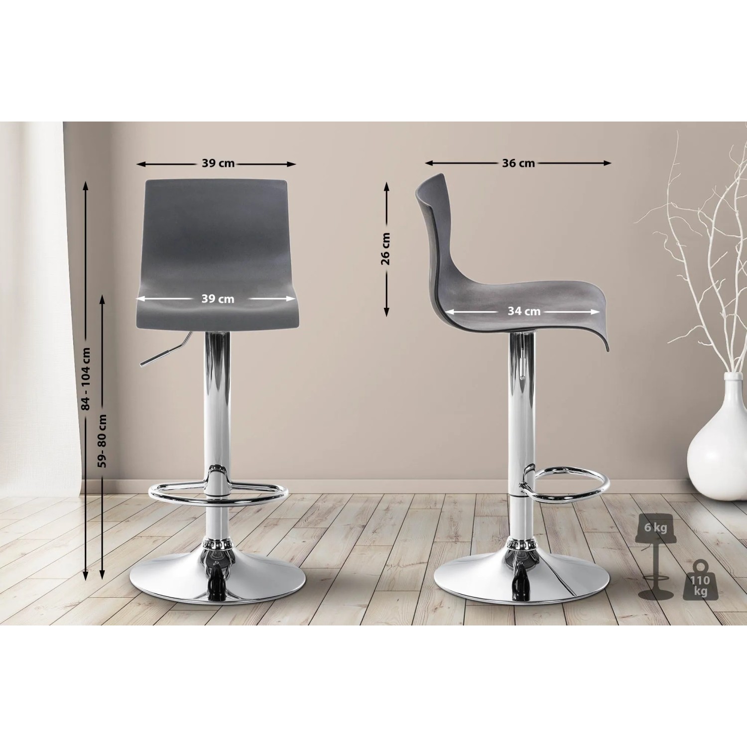 Grauer DELUKE Barhocker BERLIN mit Lehne, höhenverstellbar und drehbar. Moderner Tresenhocker für Küche und Bar.