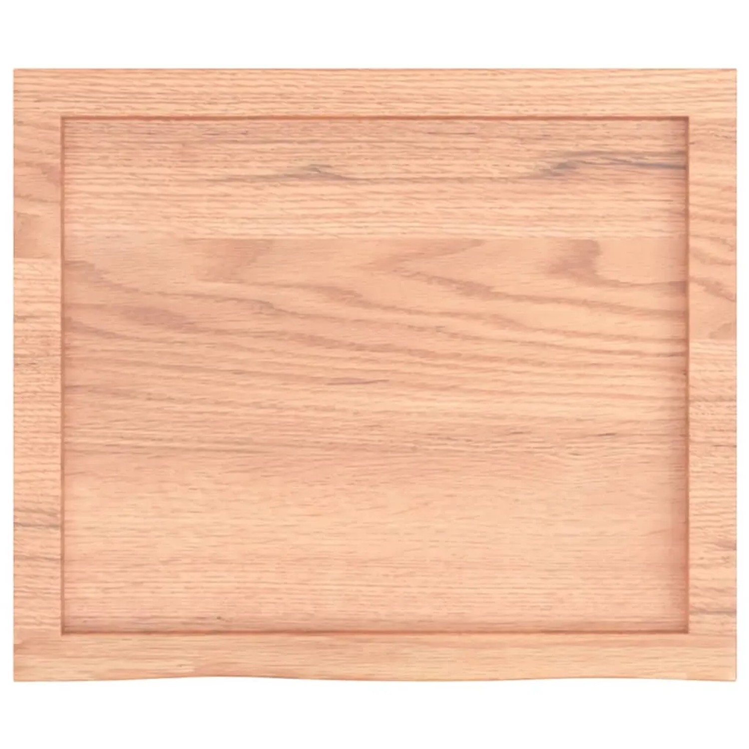 Helle, rechteckige Waschtischplatte aus behandeltem Massivholz (Eiche) mit Naturkante.