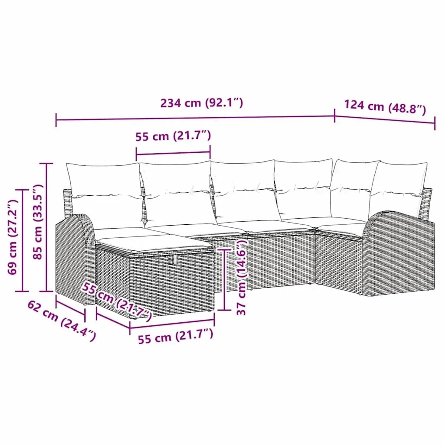 vidaXL Gartenmöbel-Set, 6-teilig, grau, Poly Rattan, mit Maßangaben.
