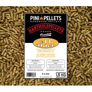 PINI Erlenholz Hartholzpellets 1,5 kg, 6mm, für BBQ, Grillen, Räuchern & Smoken. Heller Beutel mit Pellets.