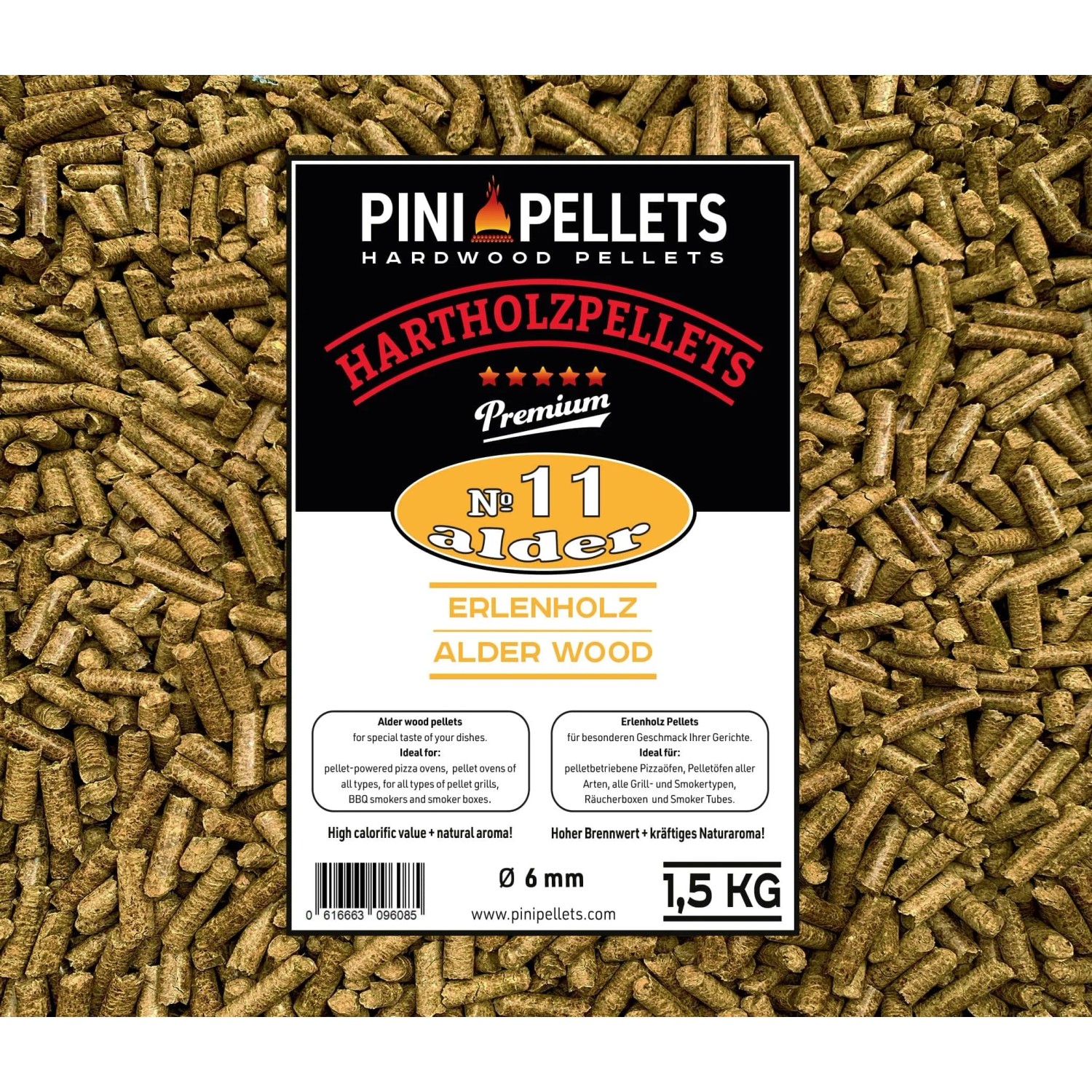 PINI Erlenholz Hartholzpellets 1,5 kg, 6mm, für BBQ, Grillen, Räuchern & Smoken. Heller Beutel mit Pellets.