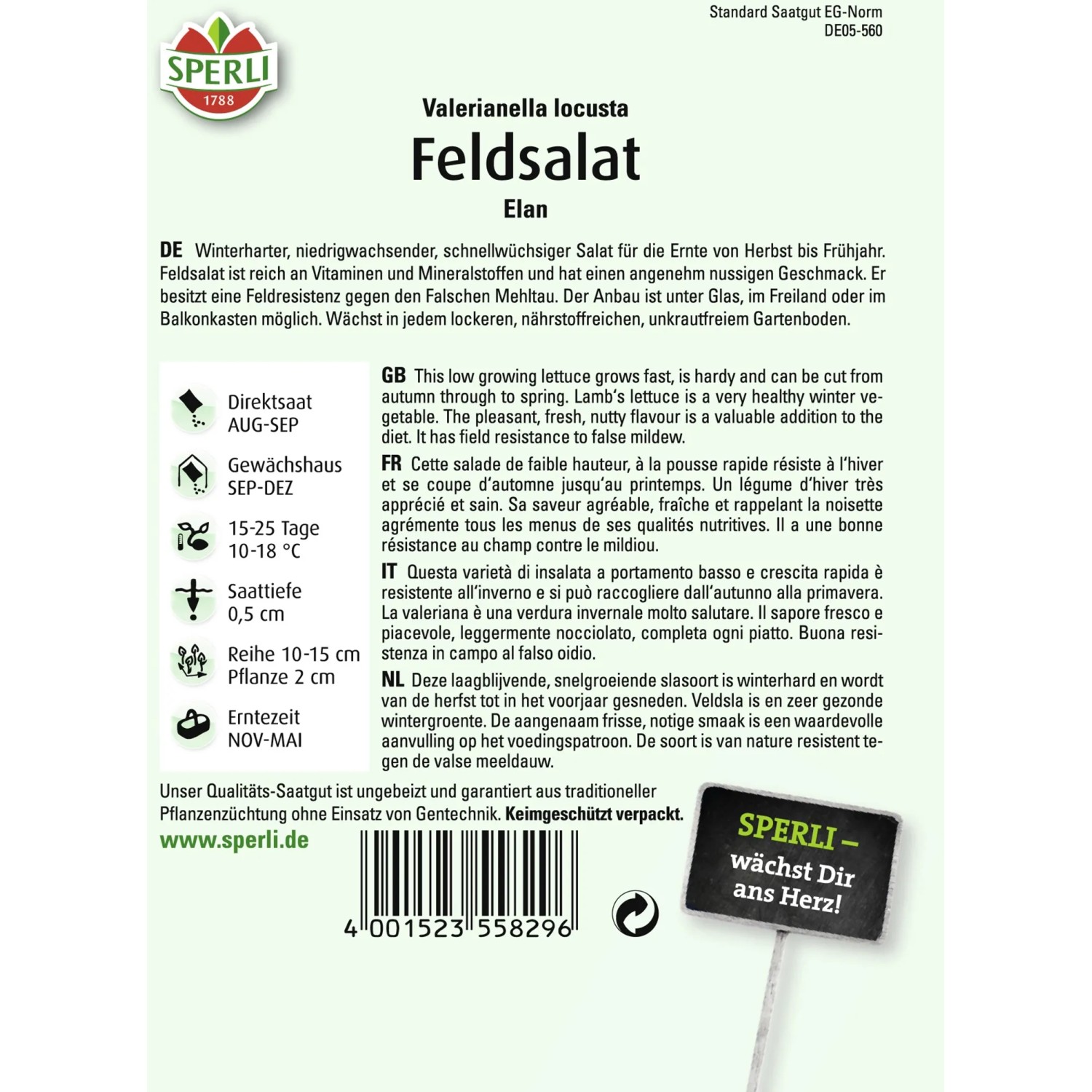 Sperli Feldsalat "Elan" Samenpackung, winterhart und schnellwüchsig.