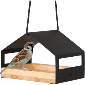 Modernes WONDERMAKE Design Vogelhaus cibarium3 mit Spatz auf hellem Holz, schwarzes Dach.