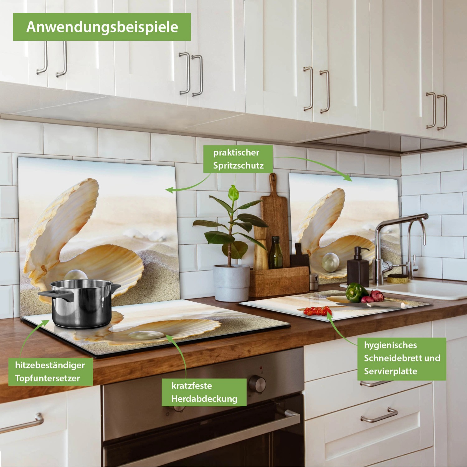 Banjado Herdabdeckplatte Glas mit Muschel-Motiv als Schneidebrett und Spritzschutz in Küche.
