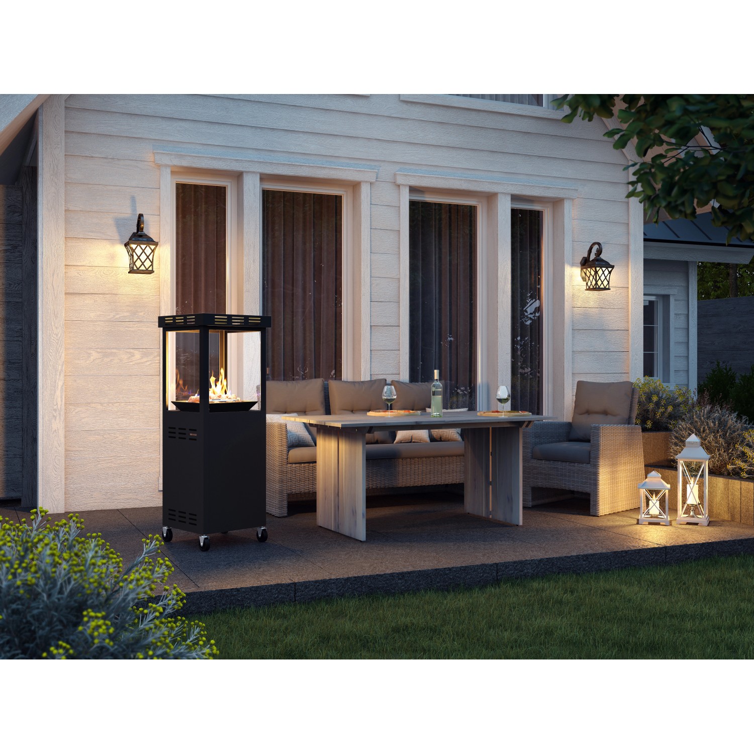 Anthrazitfarbener Gaskamin Ridera mit Panoramaglas und Lavasteinen auf Terrasse.