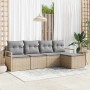 Beiges 5-teiliges Garten-Sofa-Set aus Poly Rattan von vidaXL mit grauen Kissen.