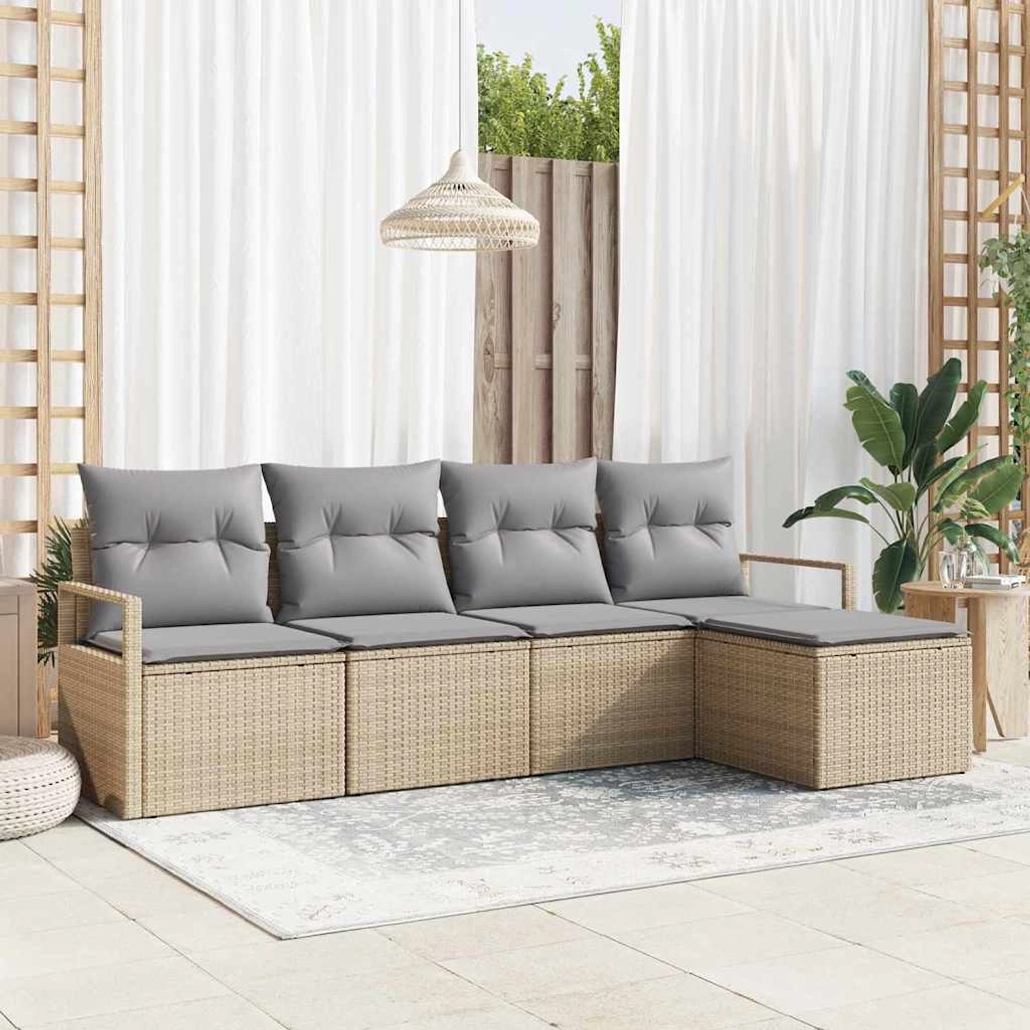 Beiges 5-teiliges Garten-Sofa-Set aus Poly Rattan von vidaXL mit grauen Kissen.