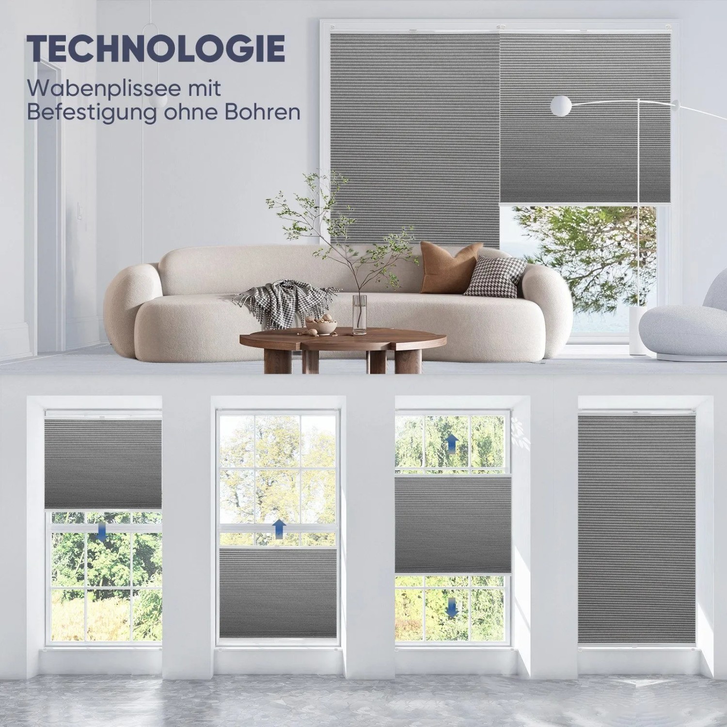 Sekey Wabenplissee, dunkelgrau, verdunkelnd, Montage ohne Bohren, verschiedene Fensteransichten.