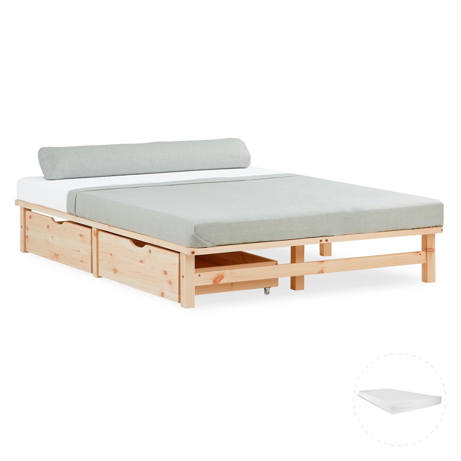 Homestyle4u Holzbett Jugendbett Palettenbett 140x200 mit Matratze 2 Bettkästen Natur 3040