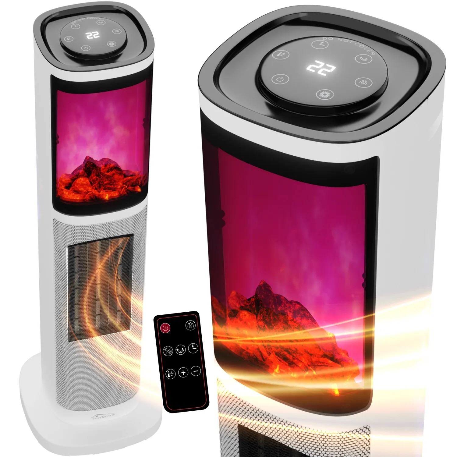 Weißer TroniTechnik Turmheizer mit Flammeneffekt, Keramik, 2000W, mit Fernbedienung.