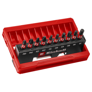 Einhell Impact Bit-Set, 11-teilig im Taschenformat, verschiedene Schraubenzieher-Bits in roter Box.
