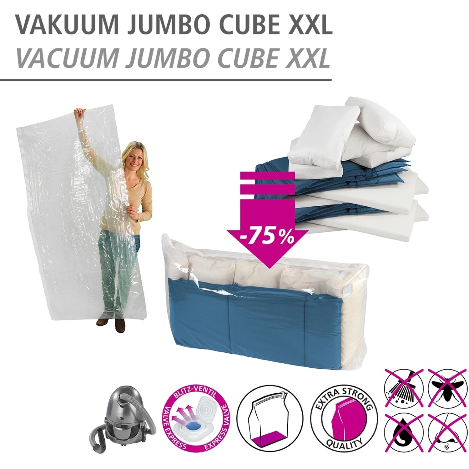 Wenko Vakuumbeutel Jumbo Cube XXL: Textilien platzsparend aufbewahren.
