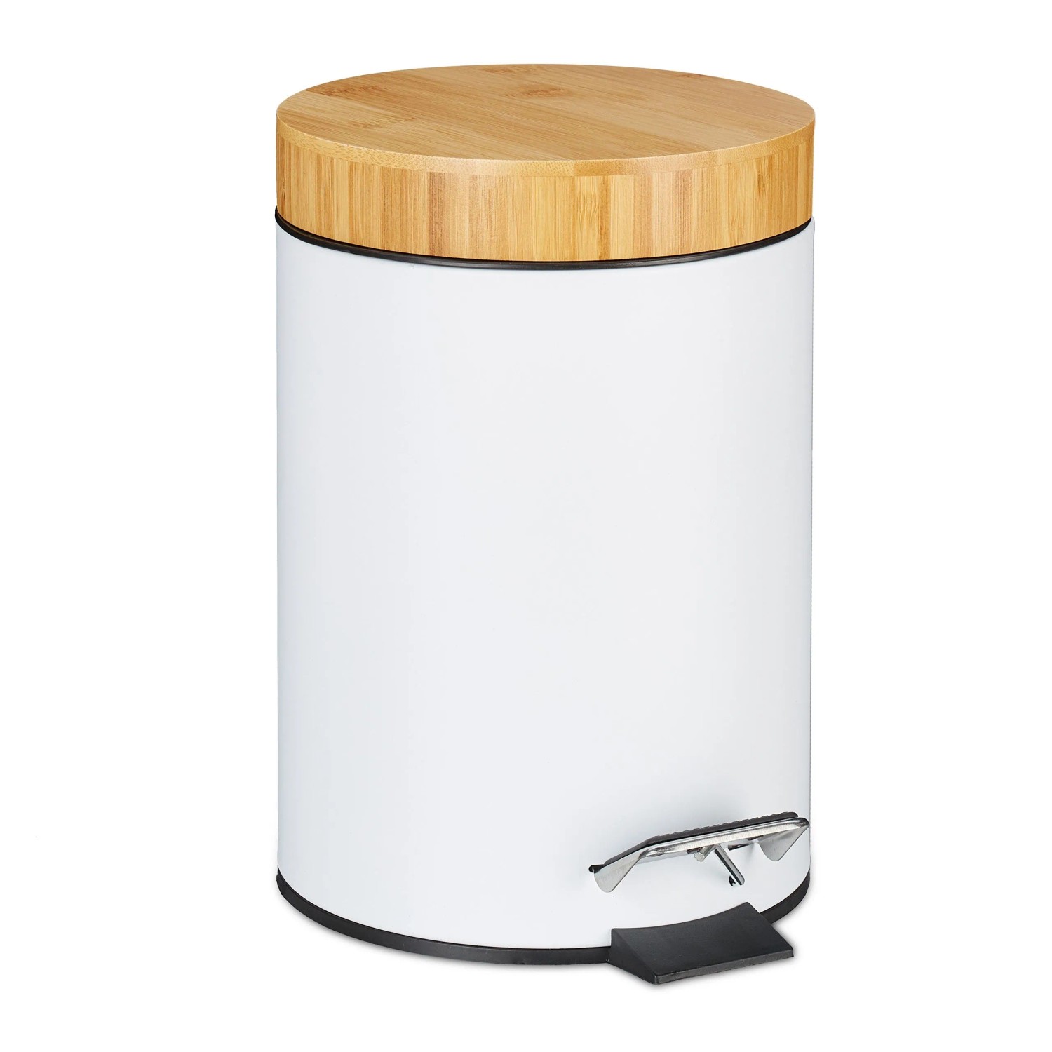 Relaxdays Mülleimer Stahl Bambus Weiß mit Trittpedal Absenkautomatik 24,5 cm x 17 cm x 23 cm 650 g