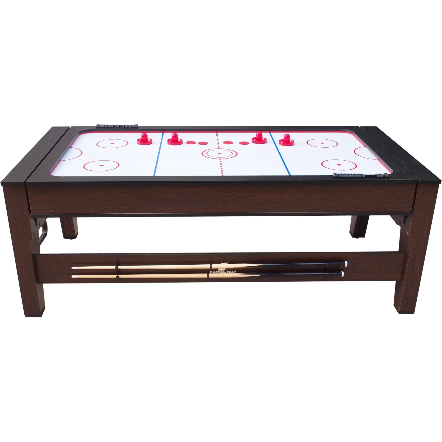 Reverso Spieltisch: Airhockey-Tisch mit Zubehör, braunes Holzgestell. Ideal für Spiel & Spaß.