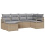 Beiges 6-teiliges vidaXL Garten-Sofa-Set aus Poly Rattan. Modulares Lounge-Set mit grauen Kissen.