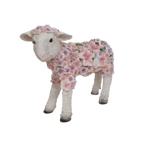Stehendes Deko-Blumenschaf aus Polyresin, 35 cm, mit rosa und lila Blüten verziert, ideal für Gartendekoration.