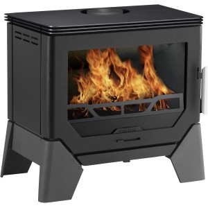 Schwarzer Wamsler W - Box Kaminofen (8 kW) mit Flammen hinter der Glasscheibe.