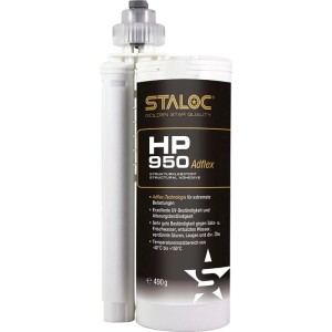 Staloc HP-950 Adflex Strukturklebstoff, anthrazit, in weißer 490 ml Dualkartusche mit Mischer.