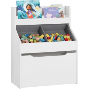 Weißes SoBuy Bücherregal mit 2 Stoffboxen und Spielzeugtruhe für Kinder.