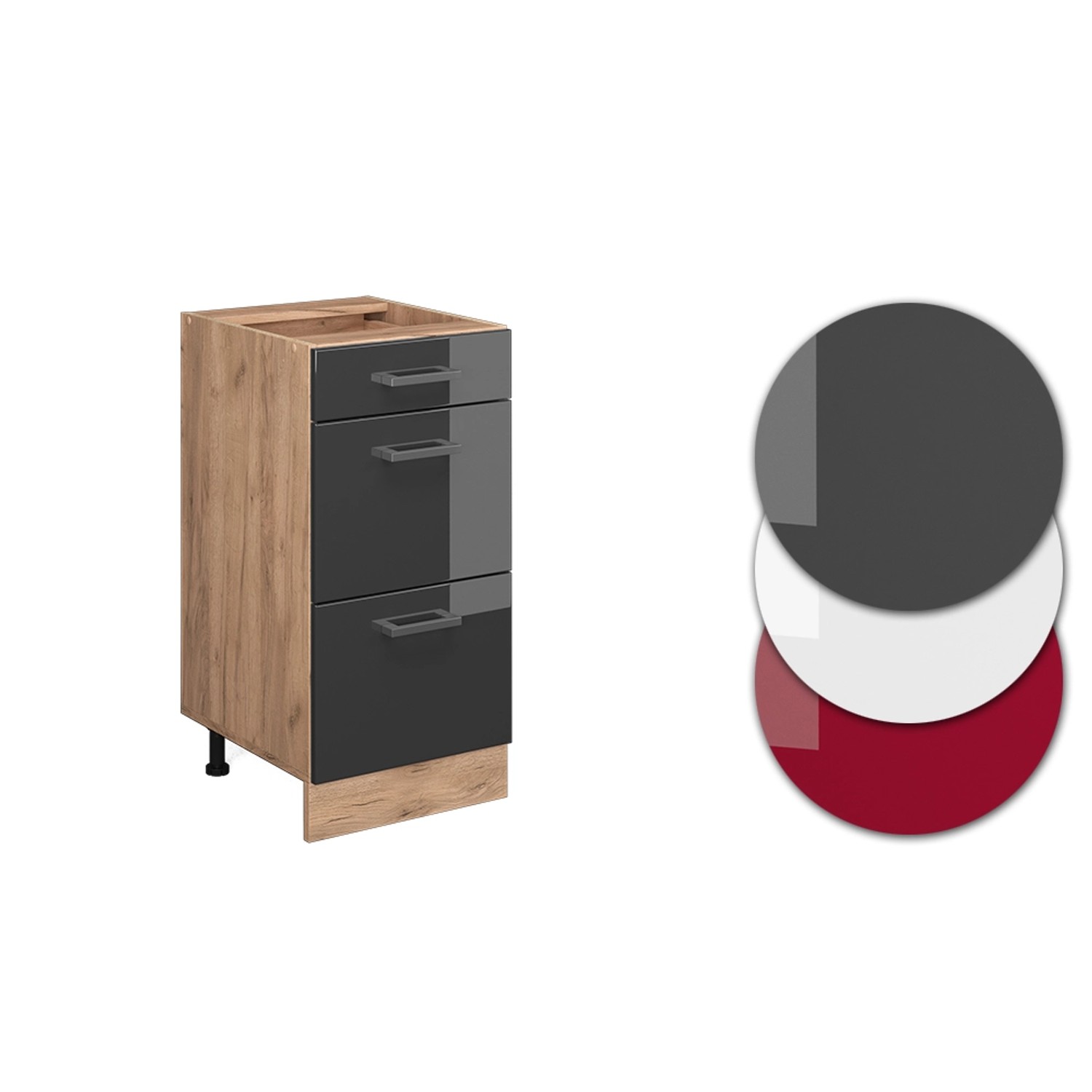 Vicco Küchenunterschrank R-Line mit 3 Schubladen, anthrazit hochglanz, Eiche Dekor. Küchenschrank für modulare Küchen.