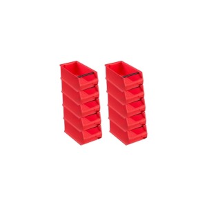 Zwei Stapel rote Sichtlagerboxen (je 5 Stück) aus Kunststoff mit Griff, für Aufbewahrungssysteme.