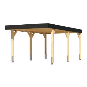 Karibu Einzelcarport aus Leimholz, naturbelassen mit anthrazitfarbener Dachblende.