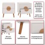 Weißer Nachttisch N89 mit zwei Schubladen, Fischgrätenmuster, Holzfüßen und Melamin-Oberfläche.
