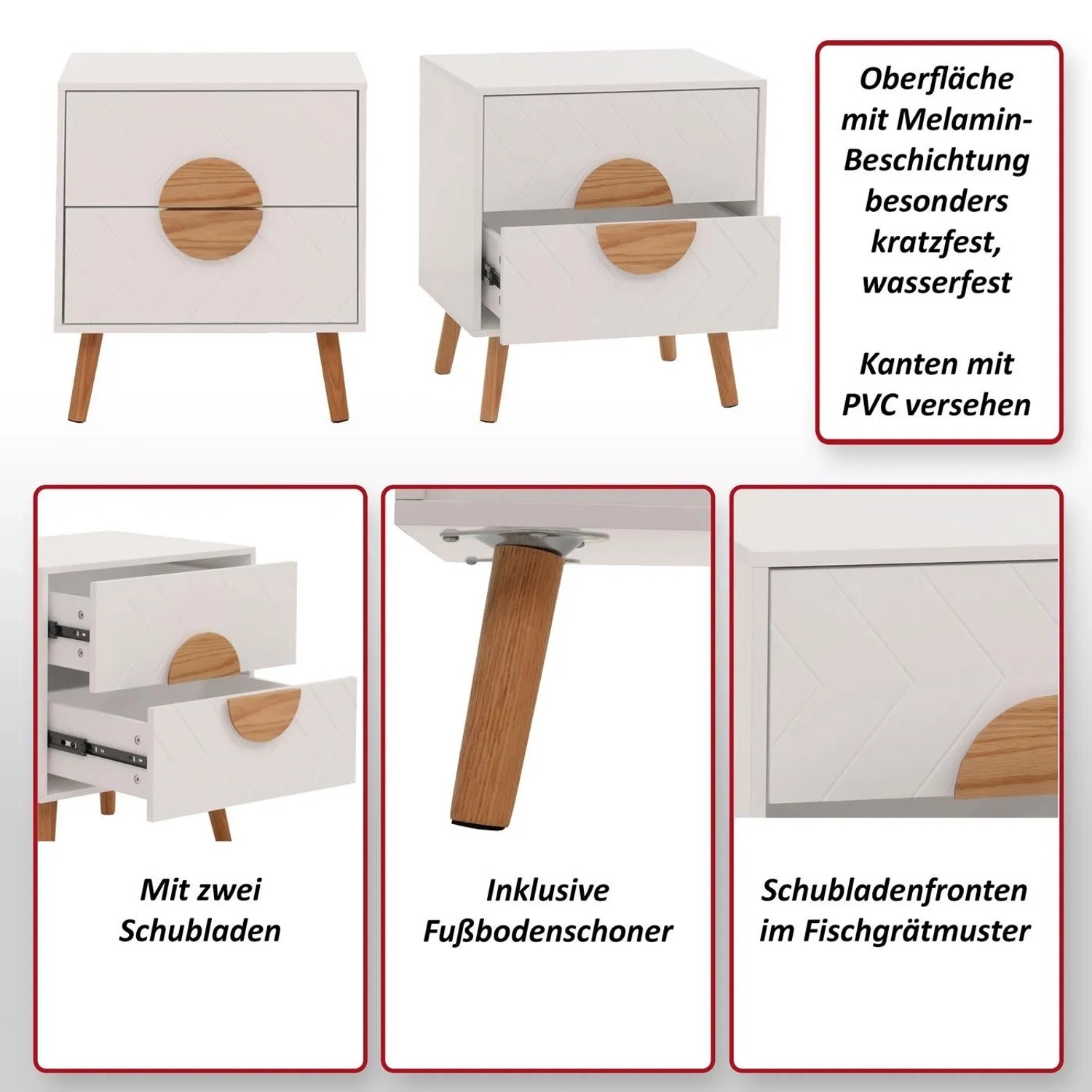 Weißer Nachttisch N89 mit zwei Schubladen, Fischgrätenmuster, Holzfüßen und Melamin-Oberfläche.