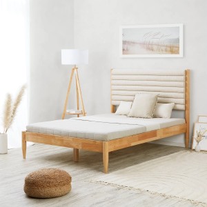 Homestyle4u Polsterbett 140x200 cm mit Holzrahmen und beigem Bouclé-Kopfteil.