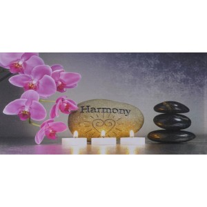 LED-Leinwandbild Harmony mit pinken Orchideen, leuchtendem Stein, Teelichtern und Steinstapel. Dekoartikel.