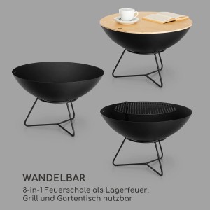 Blumfeldt Orbit 3-in-1 Feuerschale, Grill und Gartentisch, Ø 60cm, Stahl, Schwarz. Als Lagerfeuer, Grill und Tisch nutzbar.